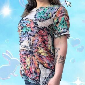 vtg y2k alfred dunner boho fairy kidcore butterfly graphic ruffle tee, sz sm